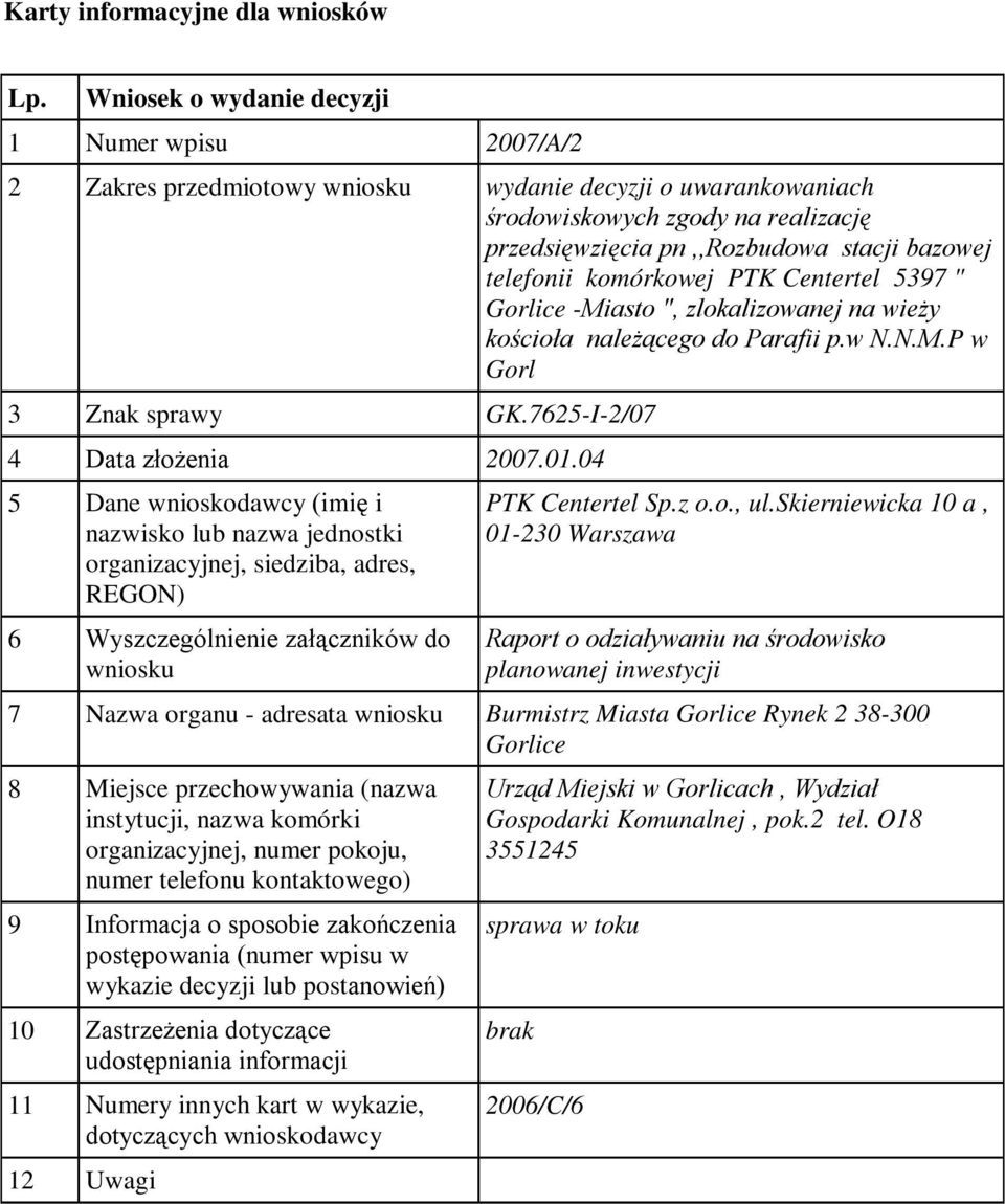 p.w N.N.M.P w Gorl 3 Znak sprawy GK.7625-I-2/07 4 Data złożenia 2007.01.04 PTK Centertel Sp.z o.o., ul.