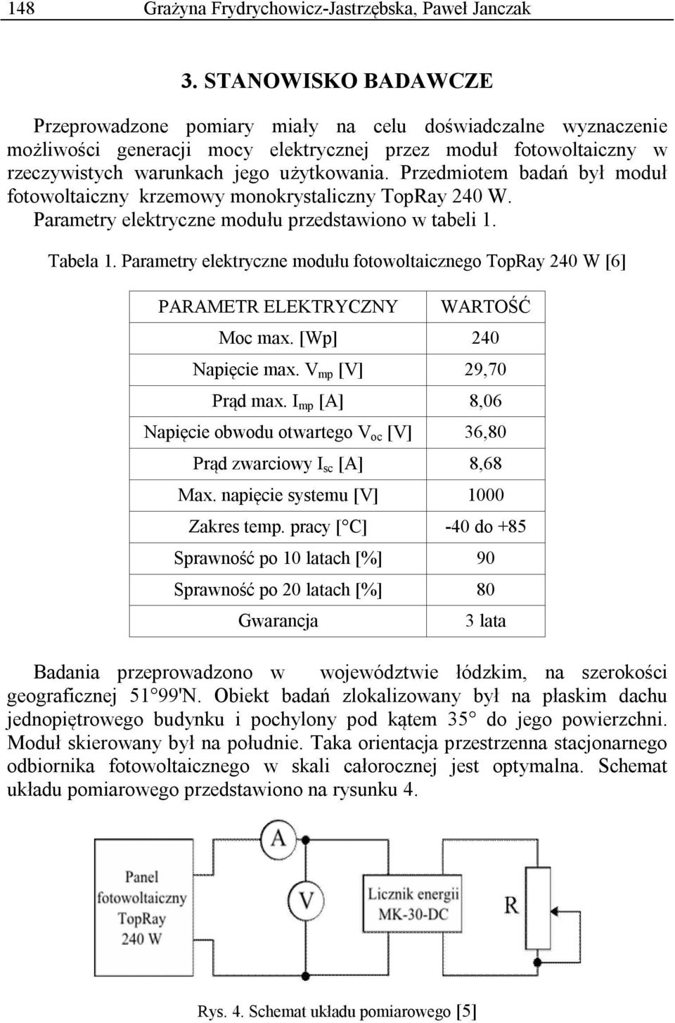 Przedmiotem badań był moduł fotowoltaiczny krzemowy monokrystaliczny TopRay 240 W. Parametry elektryczne modułu przedstawiono w tabeli 1. Tabela 1.