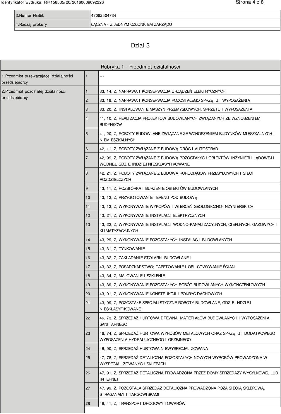 INSTALOWANIE MASZYN PRZEMYSŁOWYCH, SPRZĘTU I WYPOSAŻENIA 4 41, 10, Z, REALIZACJA PROJEKTÓW BUDOWLANYCH ZWIĄZANYCH ZE WZNOSZENIEM BUDYNKÓW 5 41, 20, Z, ROBOTY BUDOWLANE ZWIĄZANE ZE WZNOSZENIEM