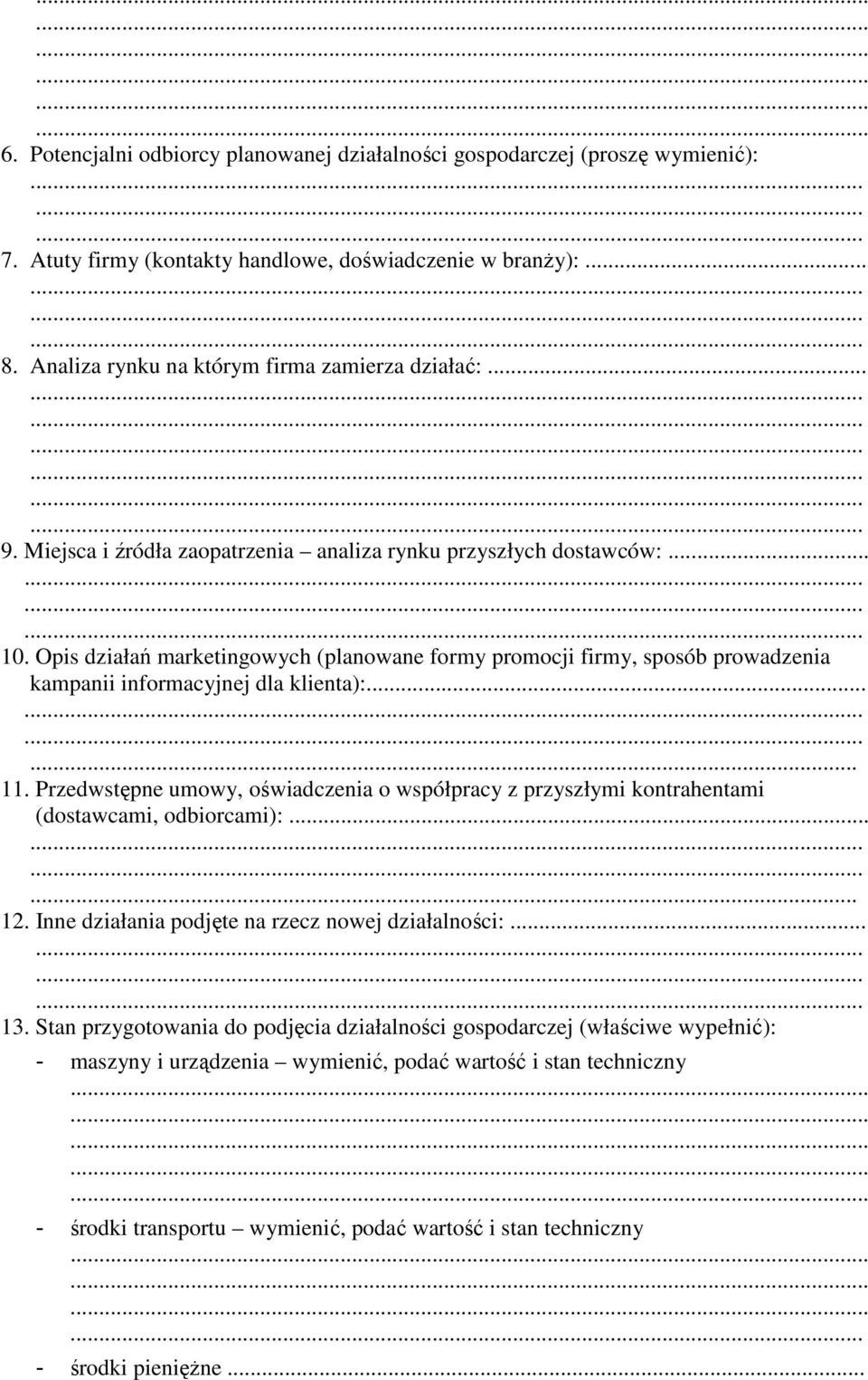 ....... 11. Przedwstępne umowy, oświadczenia o współpracy z przyszłymi kontrahentami (dostawcami, odbiorcami):...... 12. Inne działania podjęte na rzecz nowej działalności:............ 13.