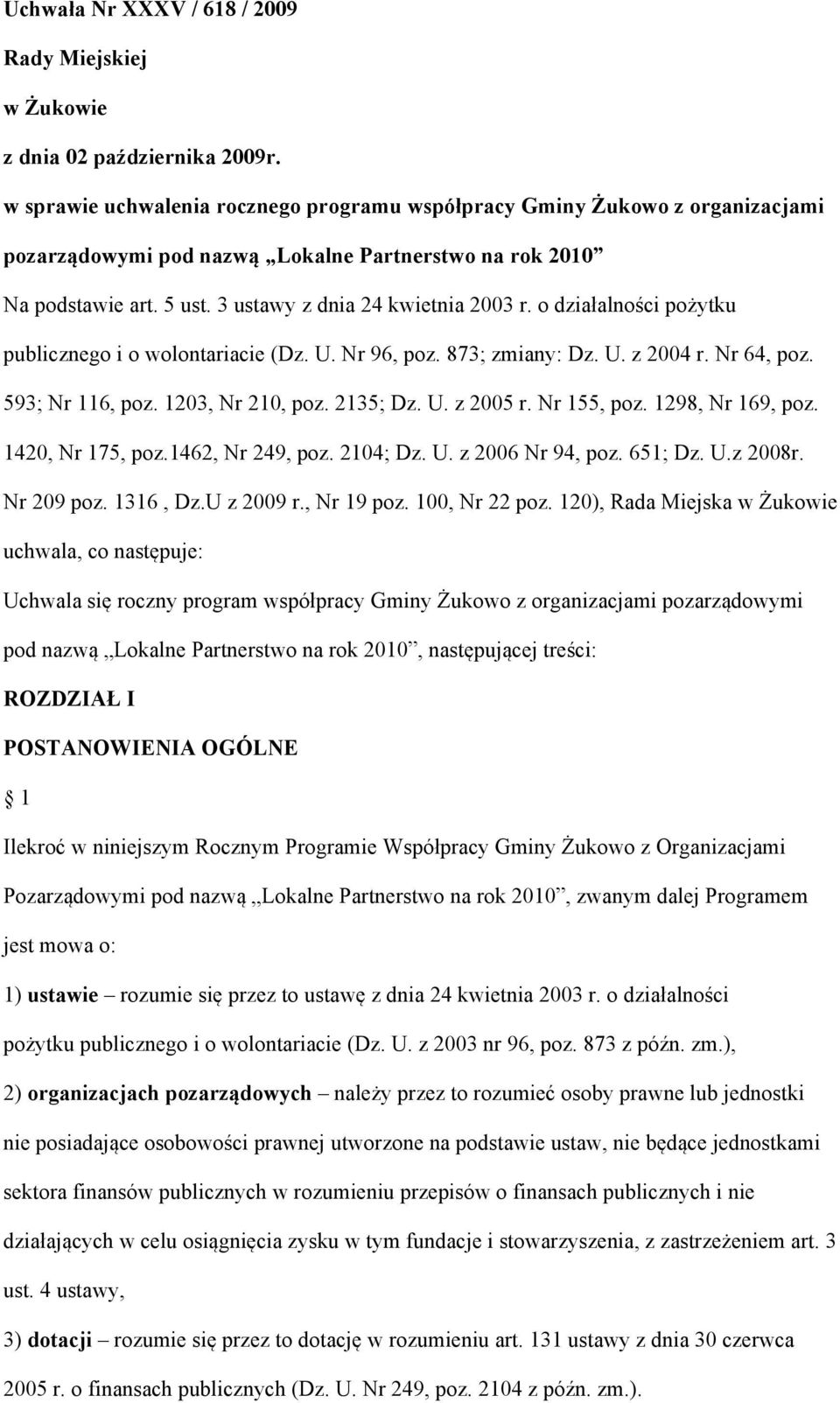 o działalności pożytku publicznego i o wolontariacie (Dz. U. Nr 96, poz. 873; zmiany: Dz. U. z 2004 r. Nr 64, poz. 593; Nr 116, poz. 1203, Nr 210, poz. 2135; Dz. U. z 2005 r. Nr 155, poz.