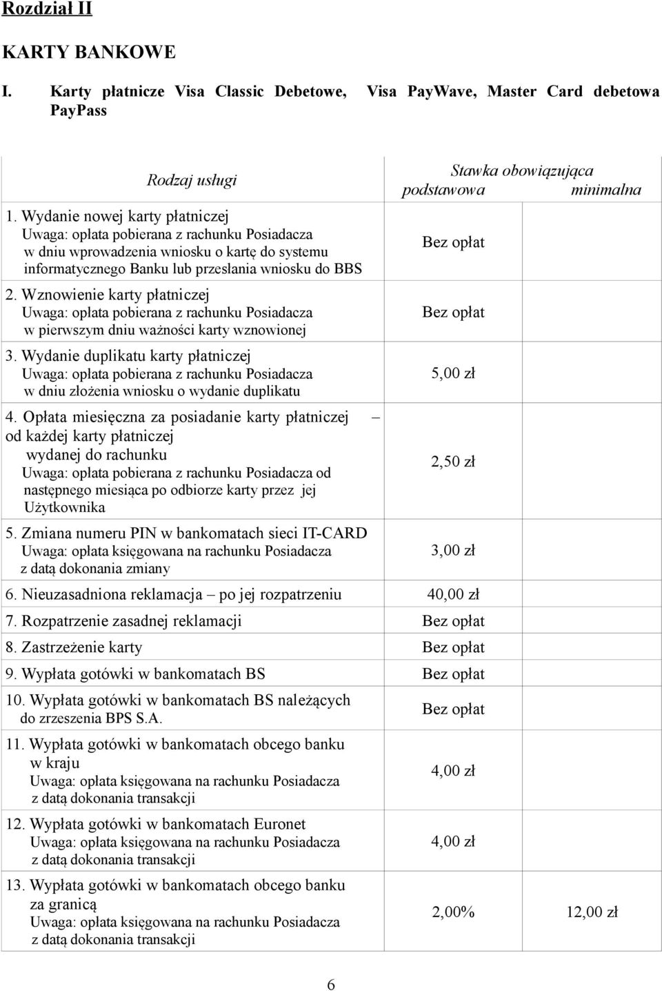 Wznowienie karty płatniczej Uwaga: opłata pobierana z rachunku Posiadacza w pierwszym dniu ważności karty wznowionej 3.