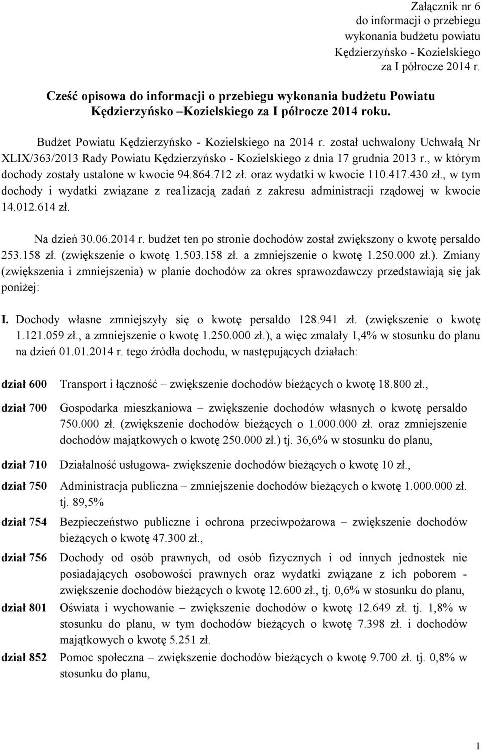 został uchwalony Uchwałą Nr XLIX/363/2013 Rady Powiatu Kędzierzyńsko - Kozielskiego z dnia 17 grudnia 2013 r., w którym dochody zostały ustalone w kwocie 94.864.712 zł. oraz wydatki w kwocie 110.417.