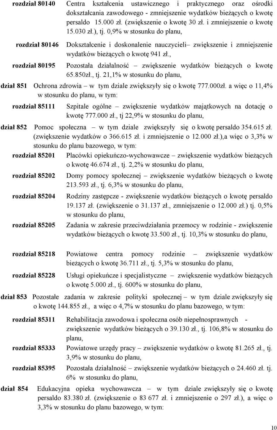 , Pozostała działalność zwiększenie wydatków bieżących o kwotę 65.850zł., tj. 21,1% w stosunku do planu, dział 851 Ochrona zdrowia w tym dziale zwiększyły się o kwotę 777.000zł.
