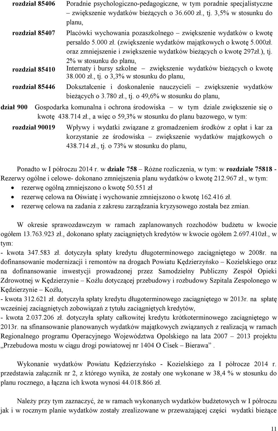 oraz zmniejszenie i zwiększenie wydatków bieżących o kwotę 297zł.), tj. 2% w stosunku do planu, Internaty i bursy szkolne zwiększenie wydatków bieżących o kwotę 38.000 zł., tj. o 3,3% w stosunku do planu, Dokształcenie i doskonalenie nauczycieli zwiększenie wydatków bieżących o 3.