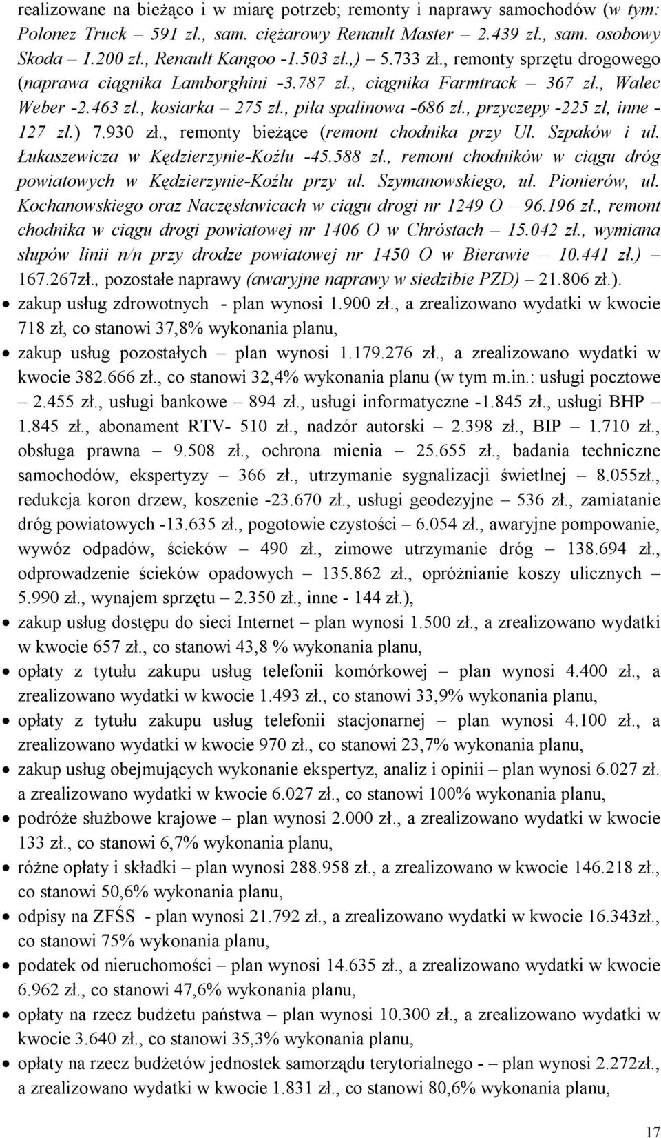 , przyczepy -225 zł, inne - 127 zł.) 7.930 zł., remonty bieżące (remont chodnika przy Ul. Szpaków i ul. Łukaszewicza w Kędzierzynie-Koźlu -45.588 zł.