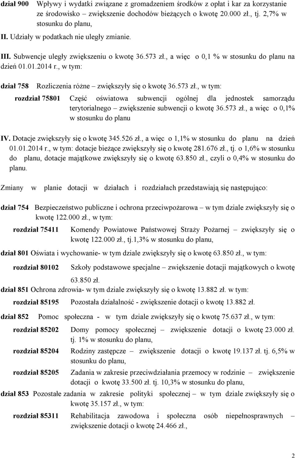 , w tym: dział 758 Rozliczenia różne zwiększyły się o kwotę 36.573 zł., w tym: rozdział 75801 Część oświatowa subwencji ogólnej dla jednostek samorządu terytorialnego zwiększenie subwencji o kwotę 36.