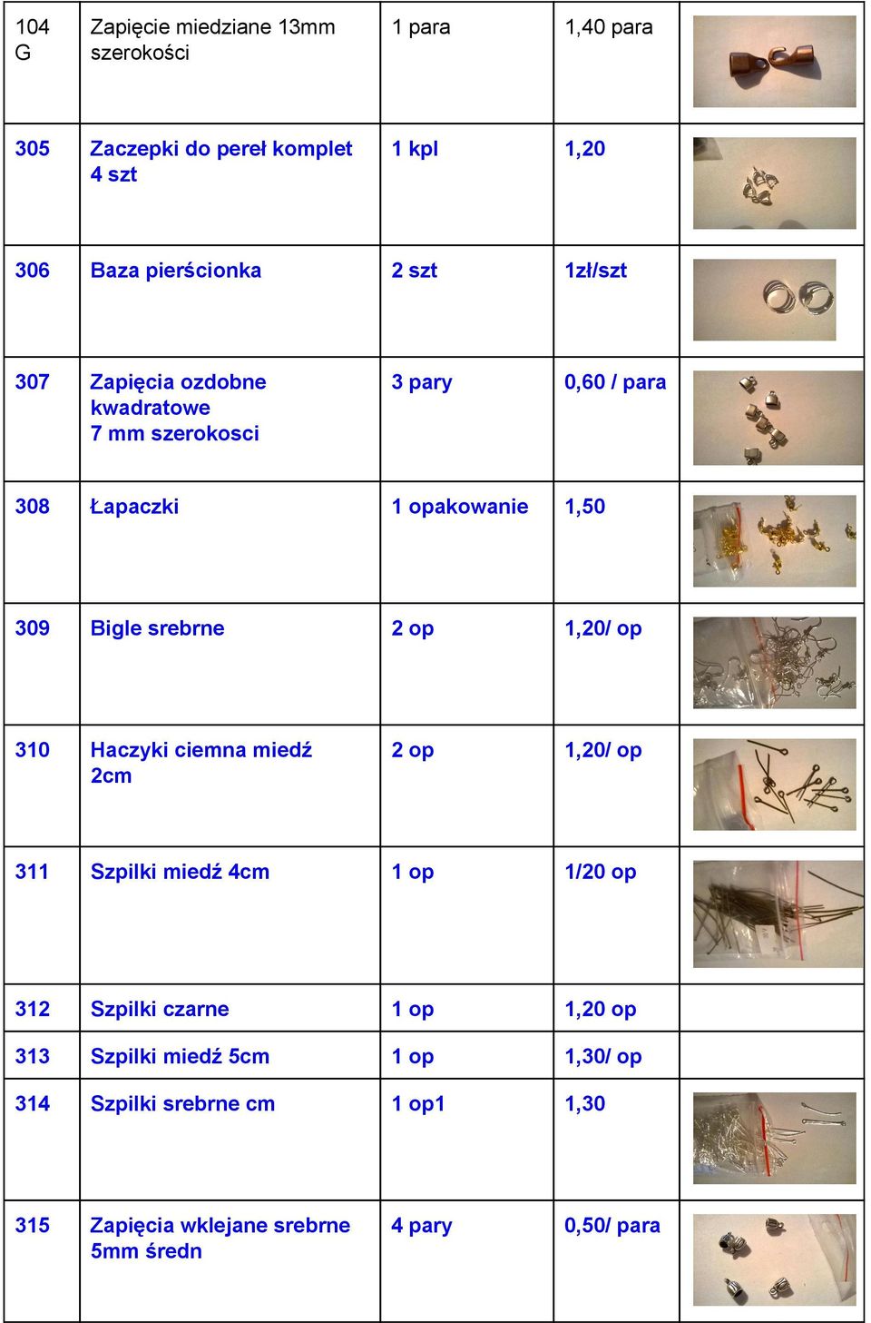 Biglesrebrne 2op 1,20/op 310 Haczykiciemnamiedź 2cm 2op 1,20/op 311 Szpilkimiedź4cm 1op 1/20op 312 Szpilkiczarne