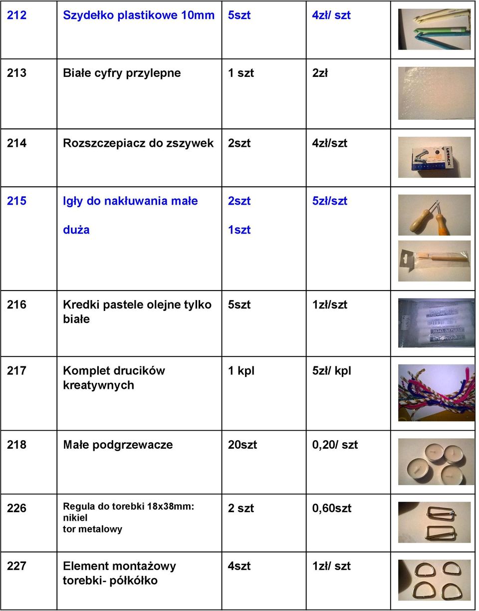 5szt 1zł/szt 217 Kompletdrucików kreatywnych 1kpl 5zł/kpl 218 Małepodgrzewacze 20szt 0,20/szt 226