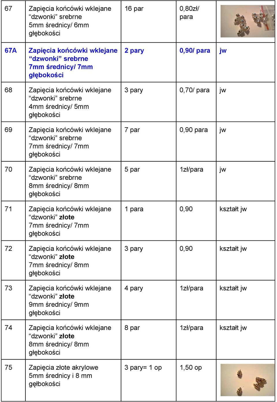 złote 7mm średnicy/ 7mm 72 Zapięcia końcówki wklejane dzwonki złote 7mm średnicy/ 8mm 73 Zapięcia końcówki wklejane dzwonki złote 9mm średnicy/ 9mm 74 Zapięcia końcówki wklejane dzwonki złote 8mm