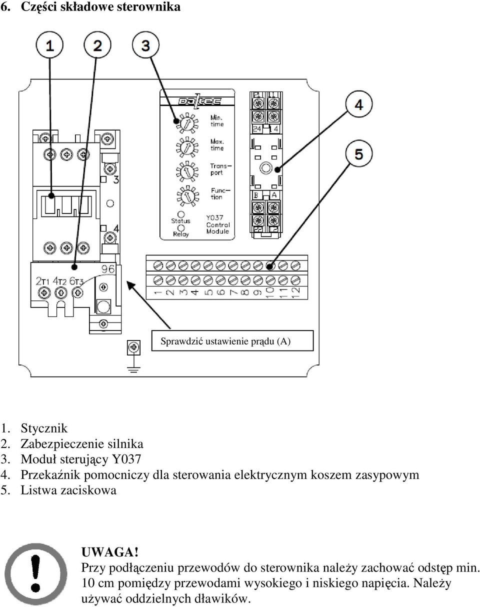 Przekaźnik pomocniczy dla sterowania elektrycznym koszem zasypowym 5. Listwa zaciskowa UWAGA!