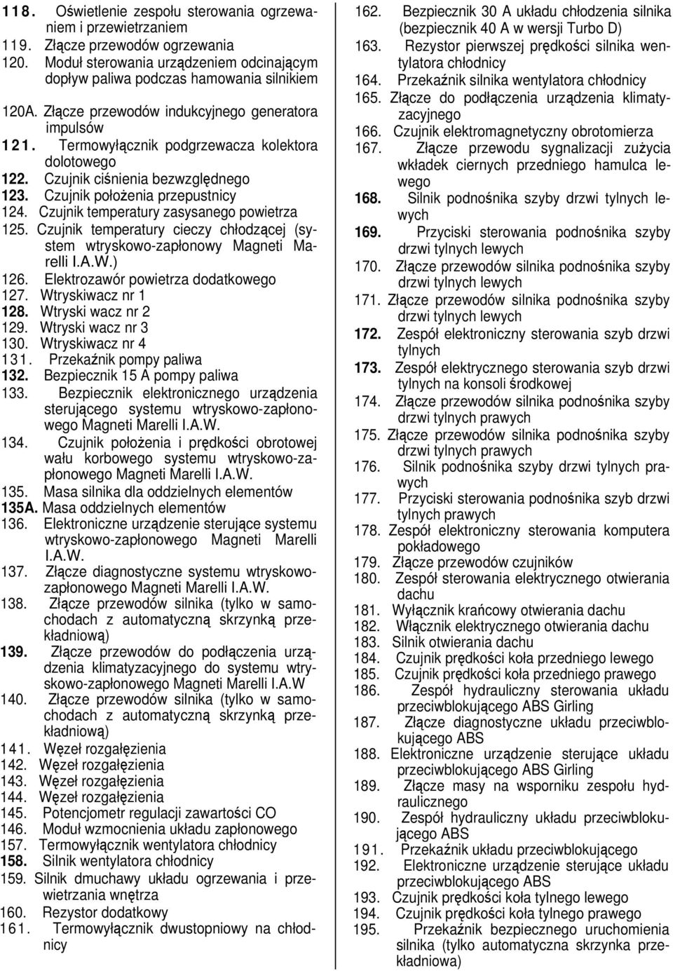 Czujnik temperatury zasysanego powietrza 125. Czujnik temperatury cieczy chłodzącej (system wtryskowo-zapłonowy Magneti Marelli I.A.W.) 126. Elektrozawór powietrza dodatkowego 127.