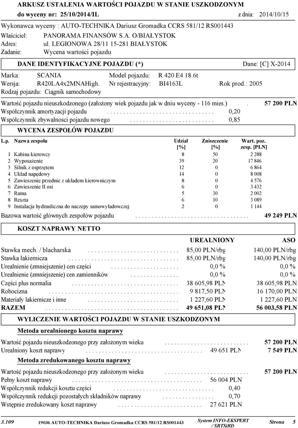 6t Wersja: R420LA4x2MNAHigh. Nr rejestracyjny: BI4163L Rok prod.: 2005 Rodzaj pojazdu: Ciągnik samochodowy Wartość pojazdu nieuszkodzonego (założony wiek pojazdu jak w dniu wyceny - 116 mies.).