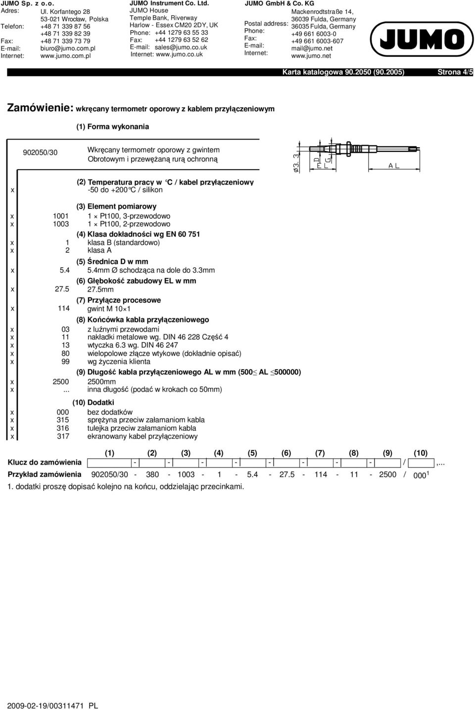 B (standardowo) x 2 klasa A x 5.4 x 27.5 x 4 (5) Średnica D w mm 5.4mm Ø schodząca na dole do 3.3mm (6) Głębokość zabudowy EL w mm 27.5mm gwint M 0 x 03 z luźnymi przewodami x nakładki metalowe wg.