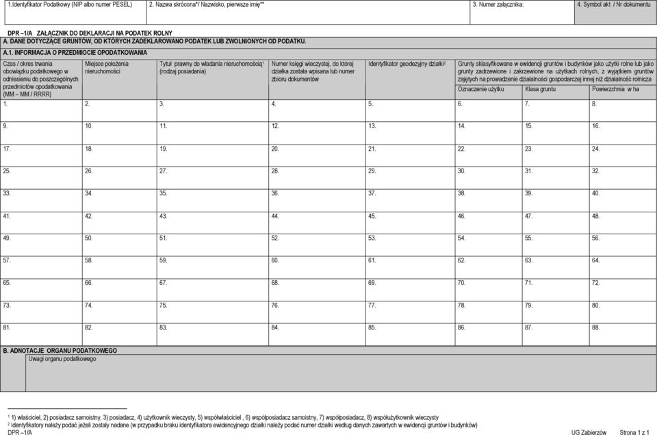 INFORMACJA O PRZEDMIOCIE OPODATKOWANIA obowiązku podatkowego w odniesieniu do poszczególnych przedmiotów opodatkowania Miejsce położenia nieruchomości Tytuł prawny do władania nieruchomością 1