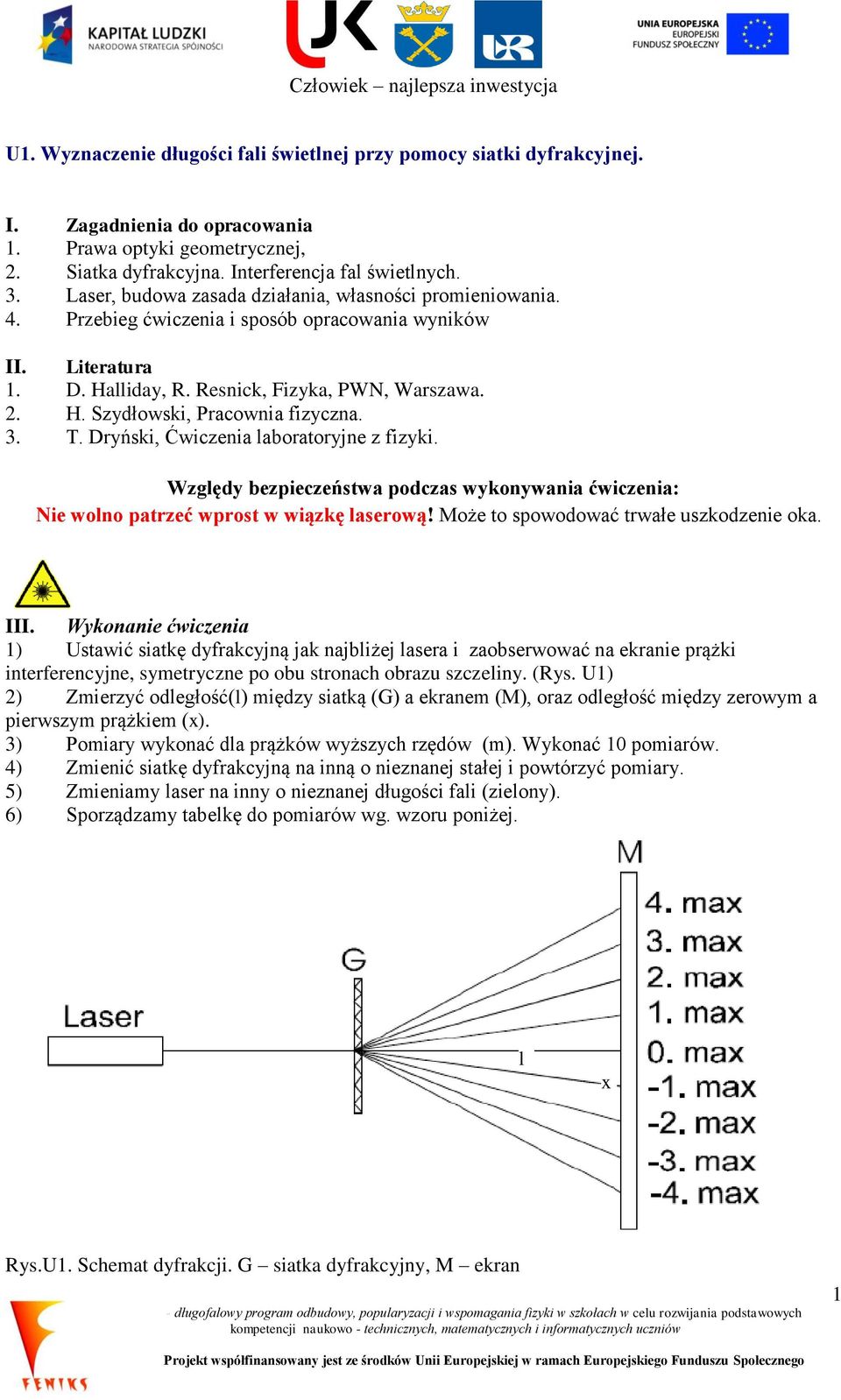 3. T. Dryński, Ćwiczenia laboratoryjne z fizyki. Względy bezpieczeństwa podczas wykonywania ćwiczenia: Nie wolno patrzeć wprost w wiązkę laserową! Może to spowodować trwałe uszkodzenie oka. III.