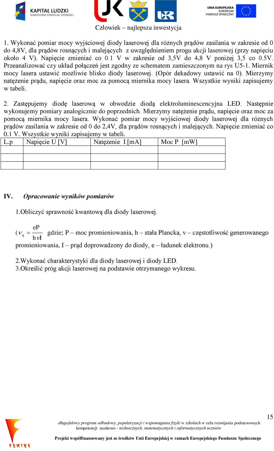 Miernik mocy lasera ustawić możliwie blisko diody laserowej. (Opór dekadowy ustawić na 0). Mierzymy natężenie prądu, napięcie oraz moc za pomocą miernika mocy lasera.