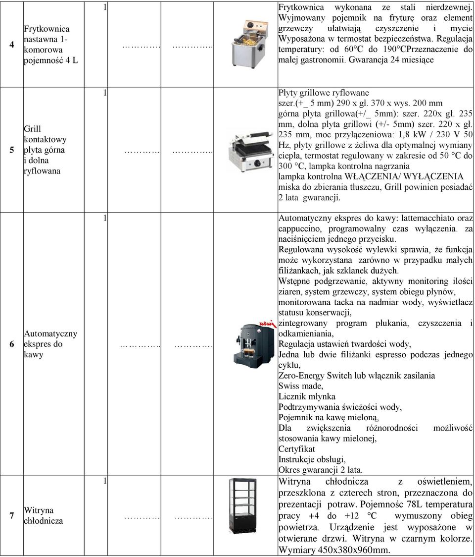 Gwarancja 24 miesiące 5 Grill kontaktowy płyta górna i dolna ryflowana. Płyty grillowe ryflowane szer.(+_ 5 mm) 290 x gł. 370 x wys. 200 mm górna płyta grillowa(+/_ 5mm): szer. 220x gł.