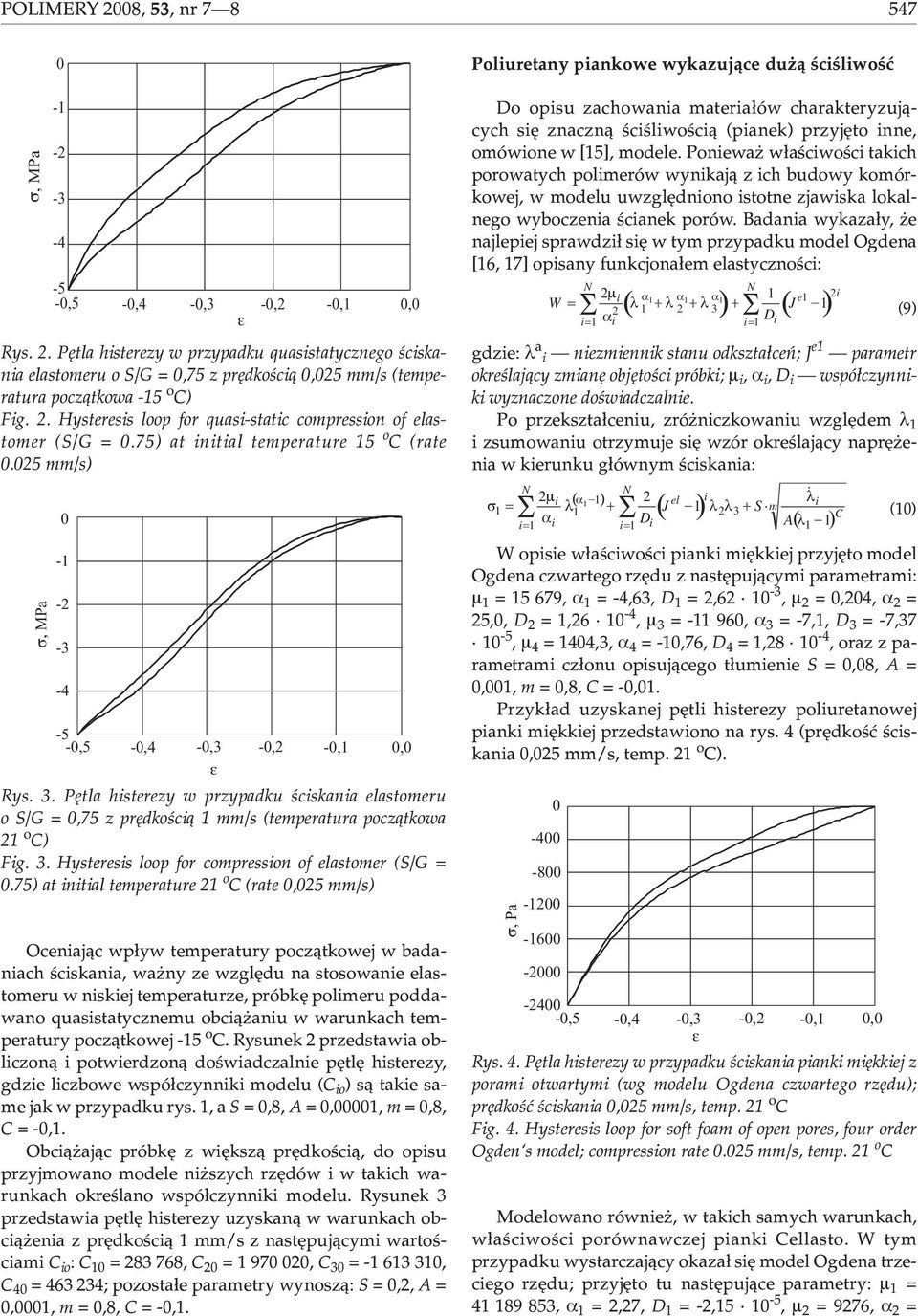 Pêtla hsterezy w przypadku œcskana elastomeru o S/G =,75 z prêdkoœc¹ mm/s (temperatura pocz¹tkowa o ) Fg. 3. Hysteress loop for compresson of elastomer (S/G =.