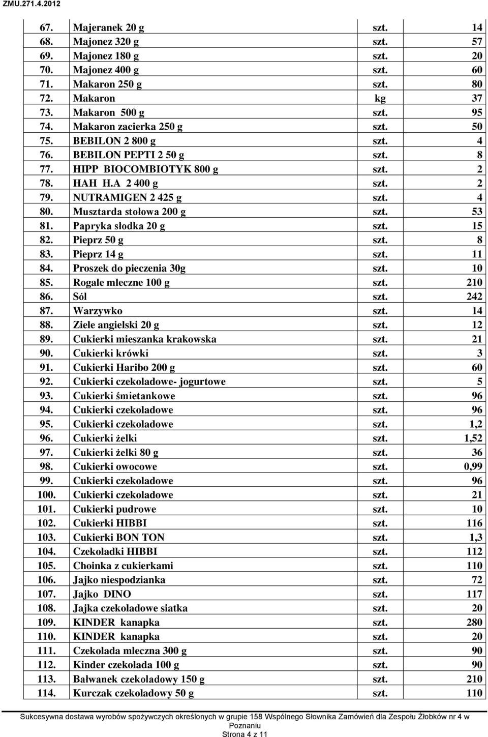 Musztarda stołowa 200 g szt. 53 81. Papryka słodka 20 g szt. 15 82. Pieprz 50 g szt. 8 83. Pieprz 14 g szt. 11 84. Proszek do pieczenia 30g szt. 10 85. Rogale mleczne 100 g szt. 210 86. Sól szt.