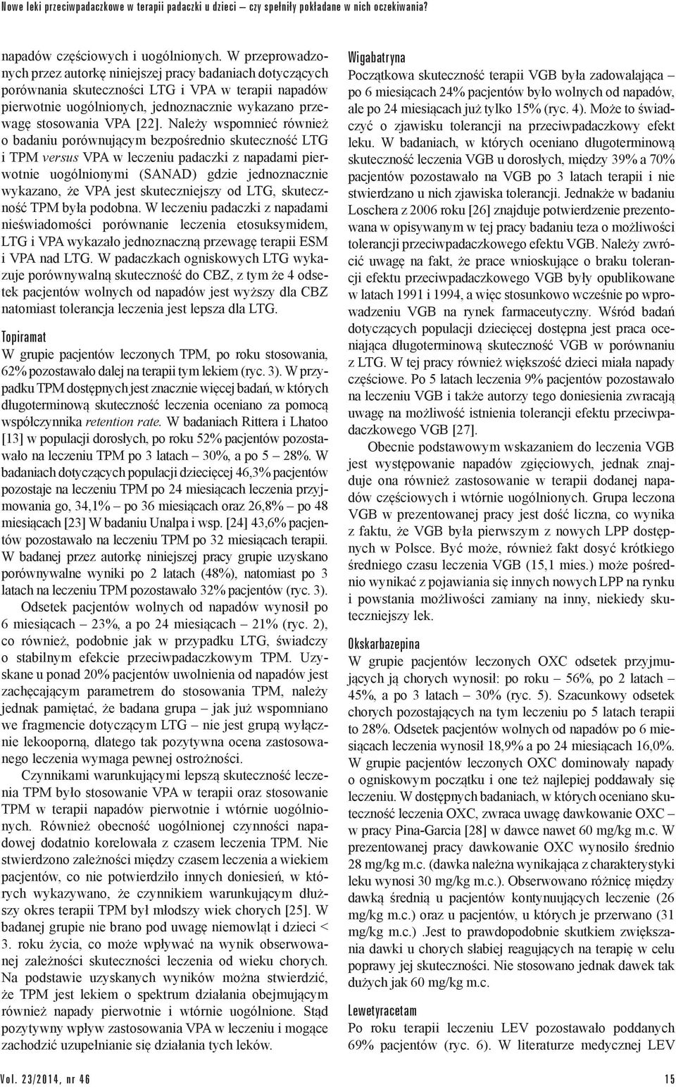 [22]. Należy wspomnieć również o badaniu porównującym bezpośrednio skuteczność LTG i TPM versus VPA w leczeniu padaczki z napadami pierwotnie uogólnionymi (SANAD) gdzie jednoznacznie wykazano, że VPA