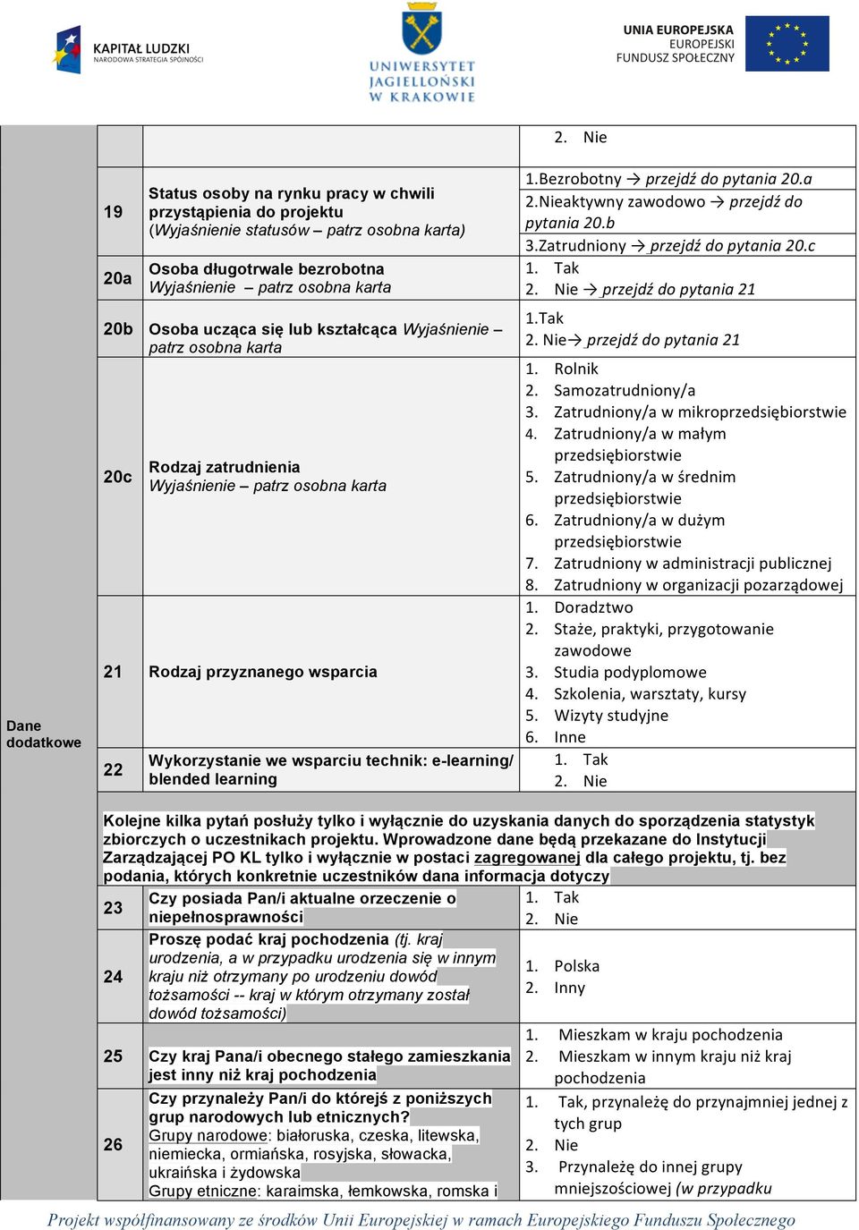 blended learning 2. Nie 1.Bezrobotny przejdź do pytania 20.a 2.Nieaktywny zawodowo przejdź do pytania 20.b 3.Zatrudniony przejdź do pytania 20.c 1. Tak 2. Nie przejdź do pytania 21 1.Tak 2. Nie przejdź do pytania 21 1. Rolnik 2.