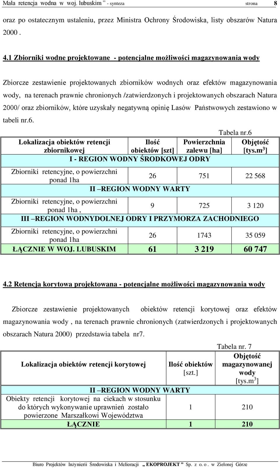 /zatwierdzonych i projektowanych obszarach Natura 2000/ oraz zbiorników, które uzyskały negatywną opinię Lasów Państwowych zestawiono w tabeli nr.6. Tabela nr.