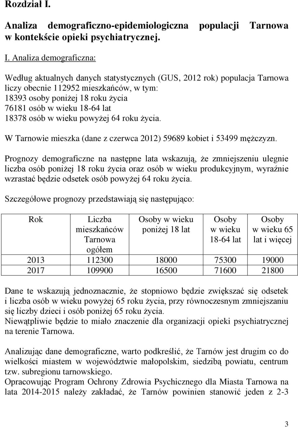 Analiza demograficzna: Według aktualnych danych statystycznych (GUS, 2012 rok) populacja Tarnowa liczy obecnie 112952 mieszkańców, w tym: 18393 osoby poniżej 18 roku życia 76181 osób w wieku 18-64