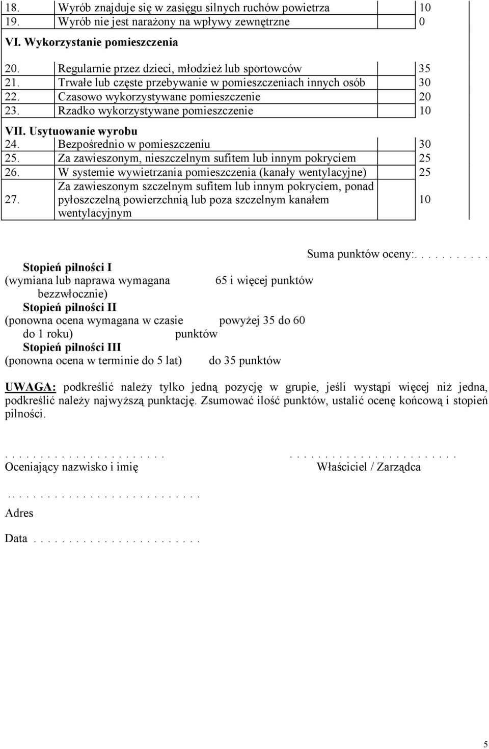 Rzadko wykorzystywane pomieszczenie 10 VII. Usytuowanie wyrobu 24. Bezpośrednio w pomieszczeniu 30 25. Za zawieszonym, nieszczelnym sufitem lub innym pokryciem 25 26.