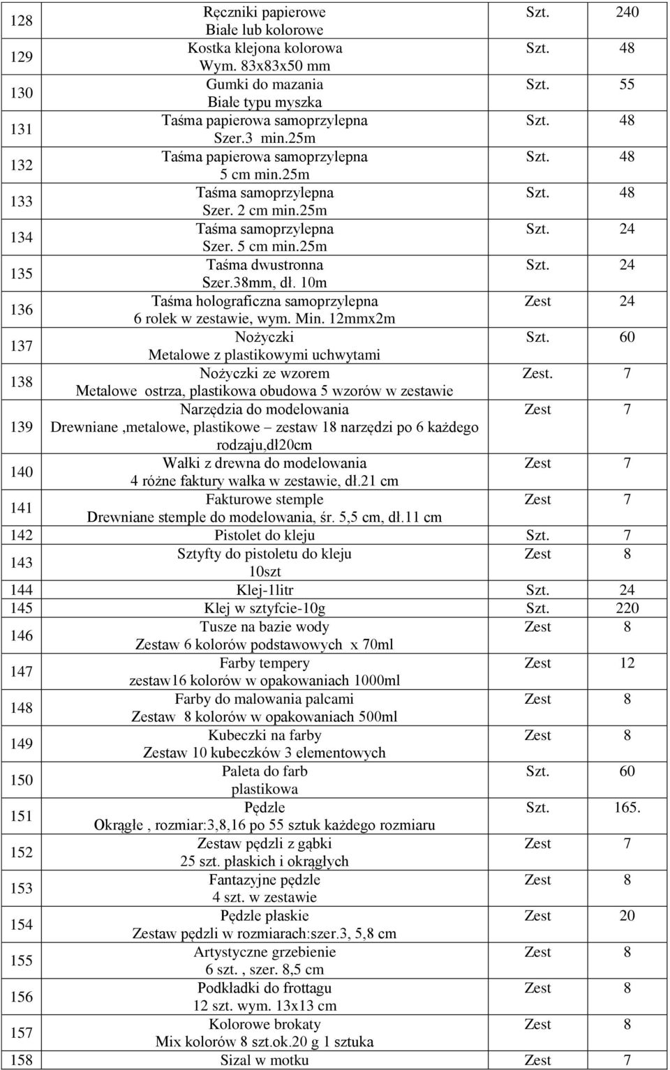 10m 136 Taśma holograficzna samoprzylepna 6 rolek w zestawie, wym. Min. 12mmx2m 13 Nożyczki 60 Metalowe z plastikowymi uchwytami 138 Nożyczki ze wzorem Zest.