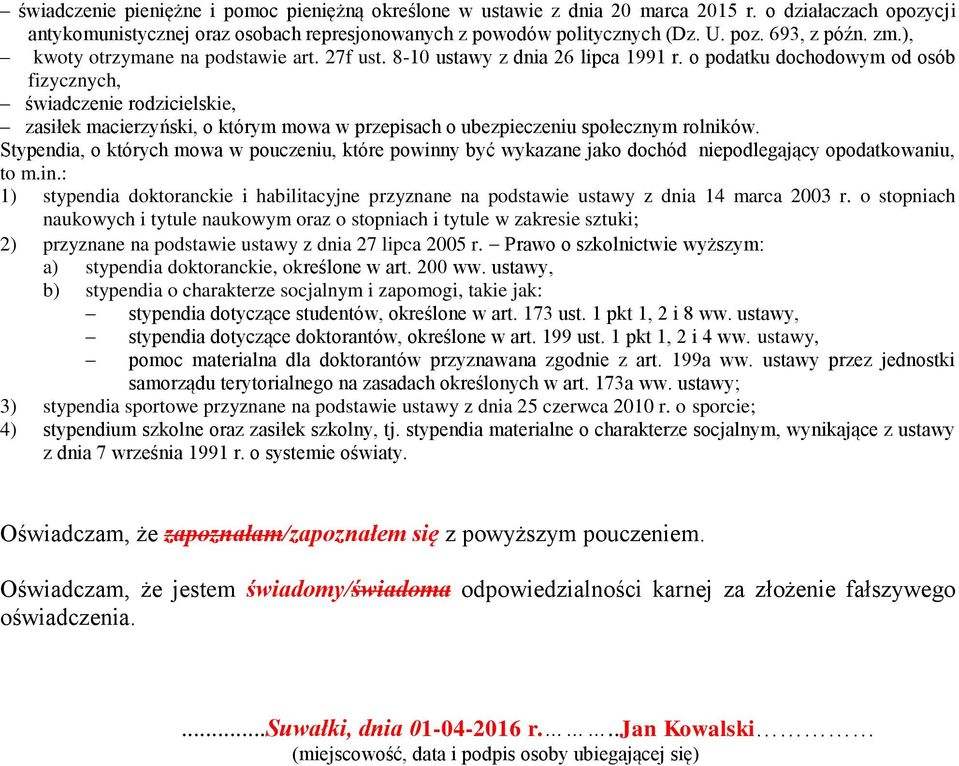 o podatku dochodowym od osób fizycznych, świadczenie rodzicielskie, zasiłek macierzyński, o którym mowa w przepisach o ubezpieczeniu społecznym rolników.