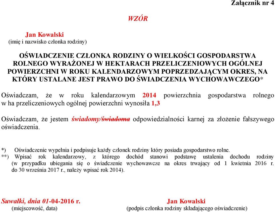 powierzchni wynosiła 1,3 Oświadczam, że jestem świadomy/świadoma odpowiedzialności karnej za złożenie fałszywego oświadczenia.