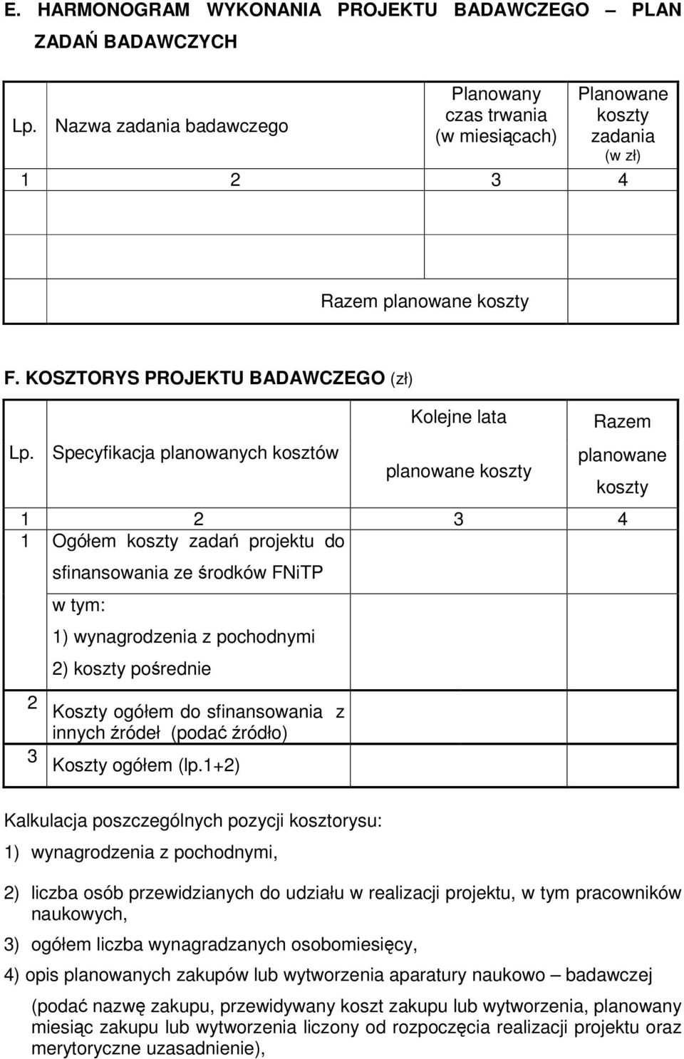 Specyfikacja planowanych kosztów Kolejne lata planowane koszty Razem planowane koszty 1 2 3 4 1 Ogółem koszty zada projektu do sfinansowania ze rodków FNiTP w tym: 1) wynagrodzenia z pochodnymi 2)