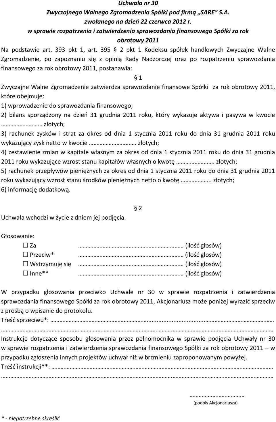 395 2 pkt 1 Kodeksu spółek handlowych Zwyczajne Walne Zgromadzenie, po zapoznaniu się z opinią Rady Nadzorczej oraz po rozpatrzeniu sprawozdania finansowego za rok obrotowy 2011, postanawia: 1