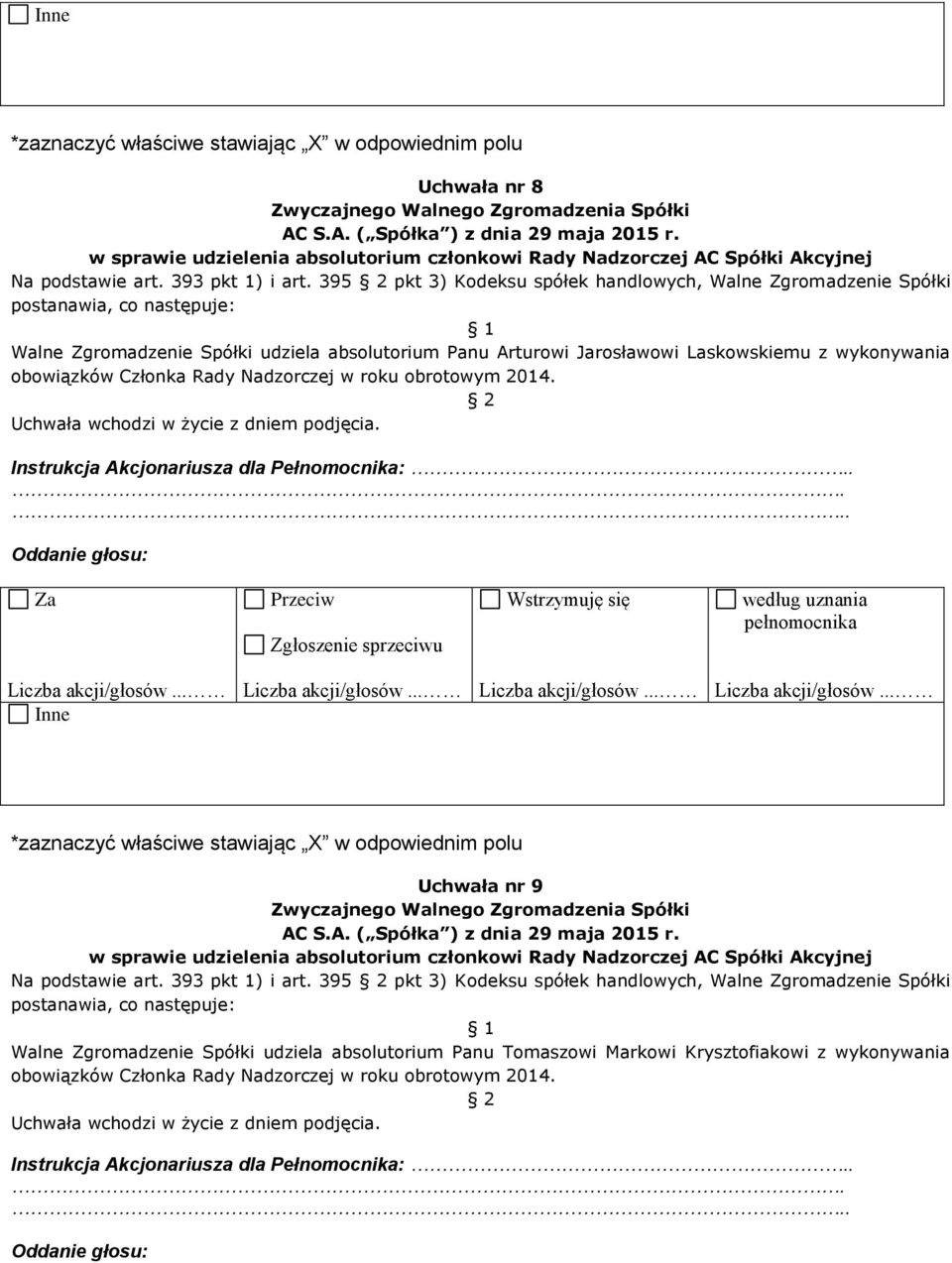 Członka Rady Nadzorczej w roku obrotowym 2014. Uchwała nr 9 w sprawie udzielenia absolutorium członkowi Rady Nadzorczej AC Spółki Akcyjnej Na podstawie art. 393 pkt 1) i art.