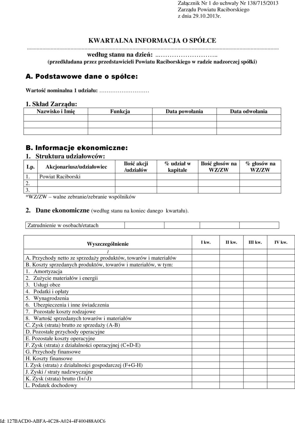 Skład Zarządu: Nazwisko i Imię Funkcja Data powołania Data odwołania B. Informacje ekonomiczne: 1. Struktura udziałowców: Lp. Akcjonariusz/udziałowiec Ilość akcji /udziałów 1. Powiat Raciborski 2. 3.