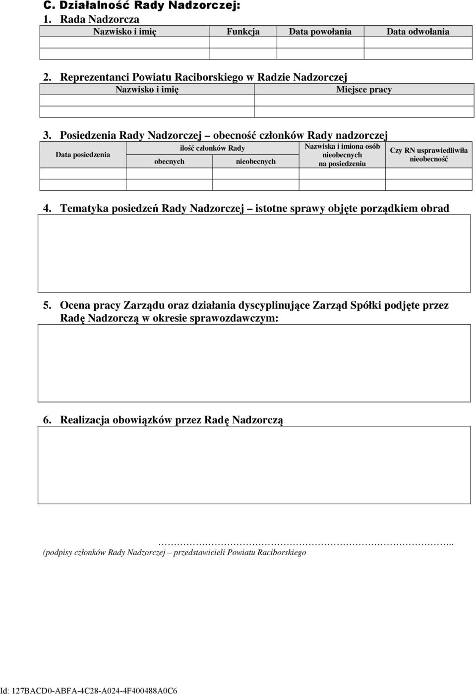 Posiedzenia Rady Nadzorczej obecność członków Rady nadzorczej Data posiedzenia obecnych ilość członków Rady nieobecnych Nazwiska i imiona osób nieobecnych na posiedzeniu Czy RN