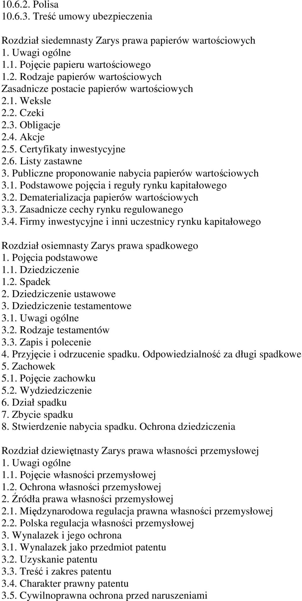 2. Dematerializacja papierów wartościowych 3.3. Zasadnicze cechy rynku regulowanego 3.4. Firmy inwestycyjne i inni uczestnicy rynku kapitałowego Rozdział osiemnasty Zarys prawa spadkowego 1.