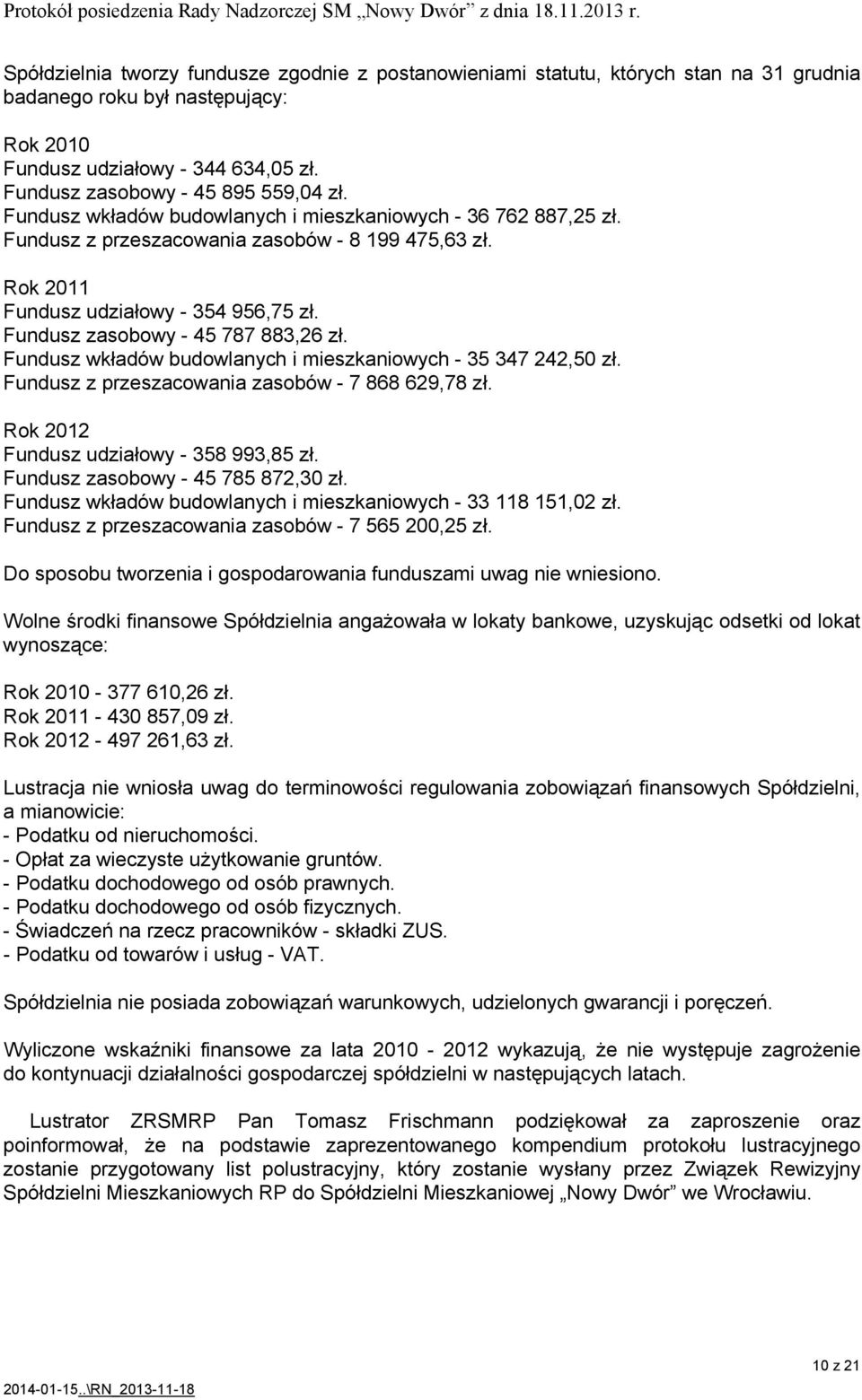 Fundusz zasobowy - 45 787 883,26 zł. Fundusz wkładów budowlanych i mieszkaniowych - 35 347 242,50 zł. Fundusz z przeszacowania zasobów - 7 868 629,78 zł. Rok 2012 Fundusz udziałowy - 358 993,85 zł.