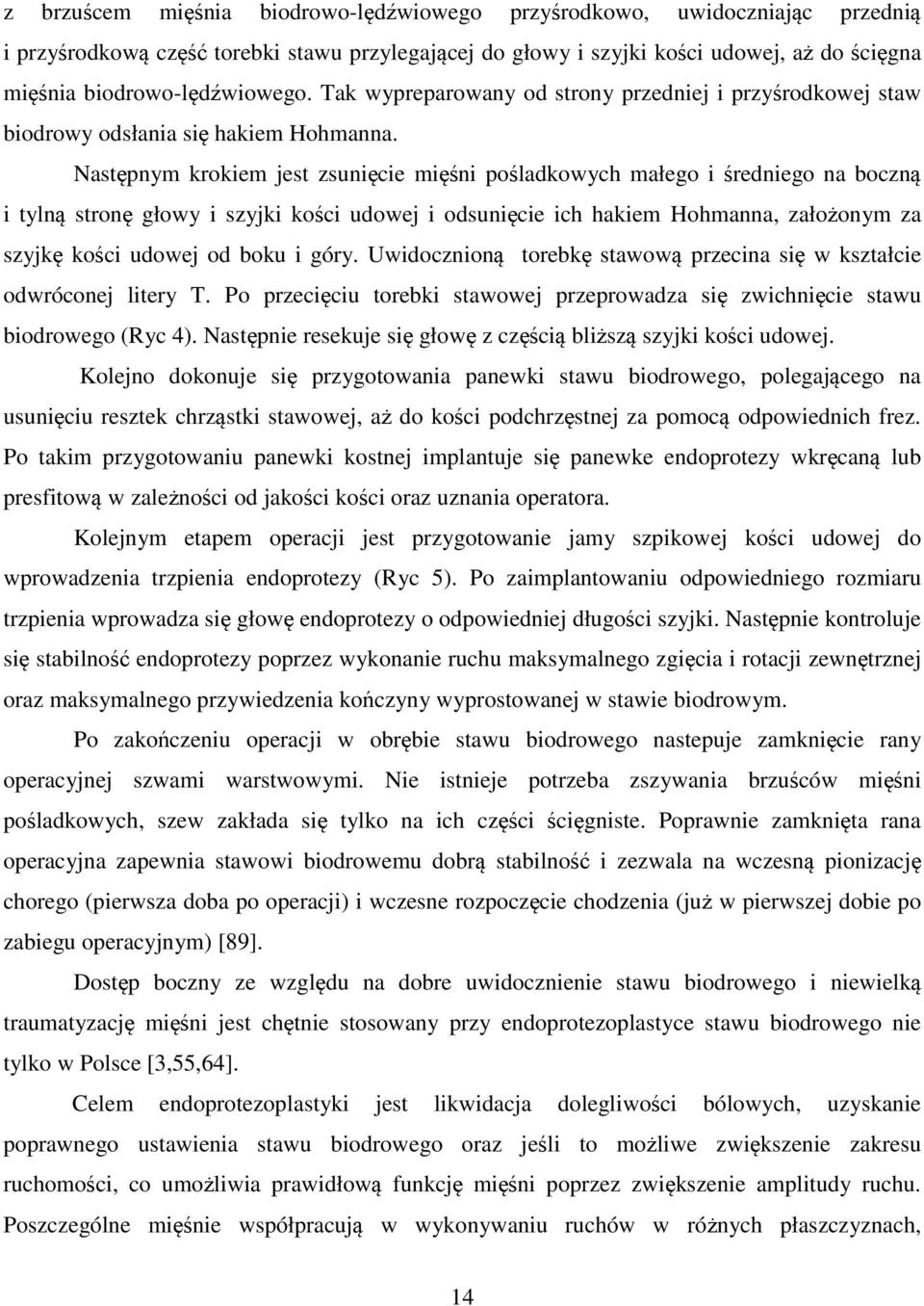 Następnym krokiem jest zsunięcie mięśni pośladkowych małego i średniego na boczną i tylną stronę głowy i szyjki kości udowej i odsunięcie ich hakiem Hohmanna, założonym za szyjkę kości udowej od boku