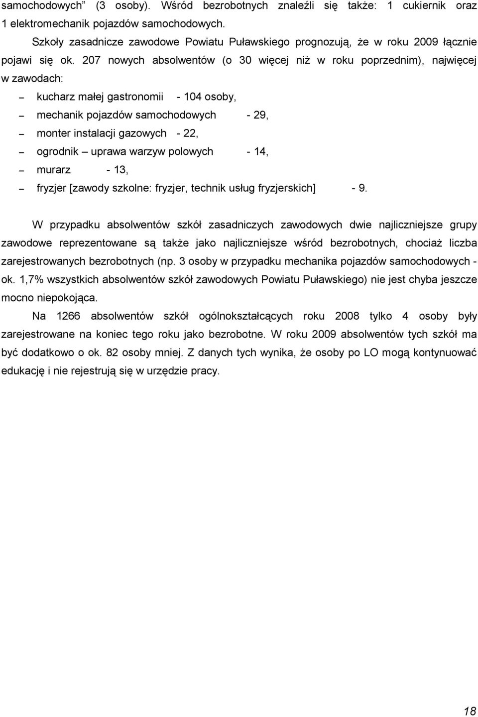 207 nowych absolwentów (o 30 więcej niż w roku poprzednim), najwięcej w zawodach: kucharz małej gastronomii - 104 osoby, mechanik pojazdów samochodowych - 29, monter instalacji gazowych - 22,