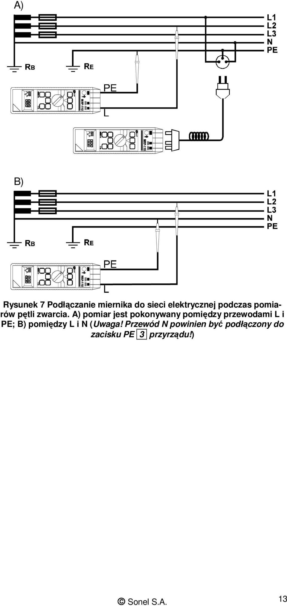 A) pomiar jest pokonywany pomiędzy przewodami L i PE; B)