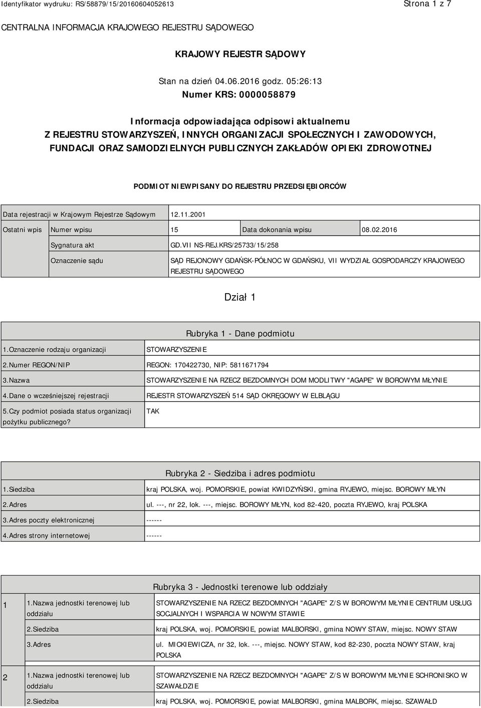 OPIEKI ZDROWOTNEJ PODMIOT NIEWPISANY DO REJESTRU PRZEDSIĘBIORCÓW Data rejestracji w Krajowym Rejestrze Sądowym 12.11.2001 Ostatni wpis Numer wpisu 15 Data dokonania wpisu 08.02.