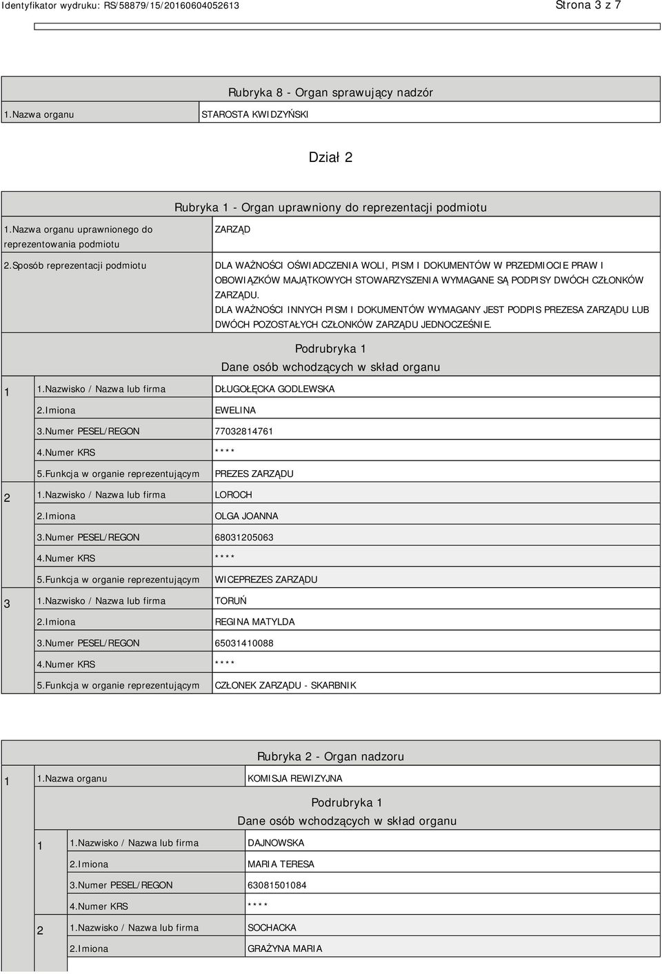 Sposób reprezentacji podmiotu ZARZĄD DLA WAŻNOŚCI OŚWIADCZENIA WOLI, PISM I DOKUMENTÓW W PRZEDMIOCIE PRAW I OBOWIĄZKÓW MAJĄTKOWYCH STOWARZYSZENIA WYMAGANE SĄ PODPISY DWÓCH CZŁONKÓW ZARZĄDU.