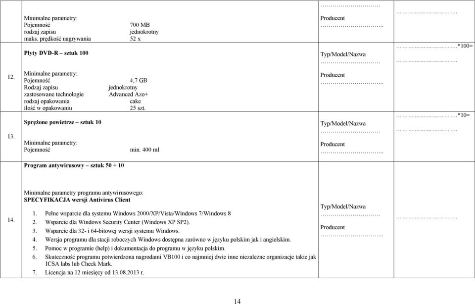 400 ml Typ/Mdel/Nazwa *10= Prgram antywiruswy sztuk 50 + 10 14. Minimalne parametry prgramu antywirusweg: SPECYFIKACJA wersji Antivirus Client 1.