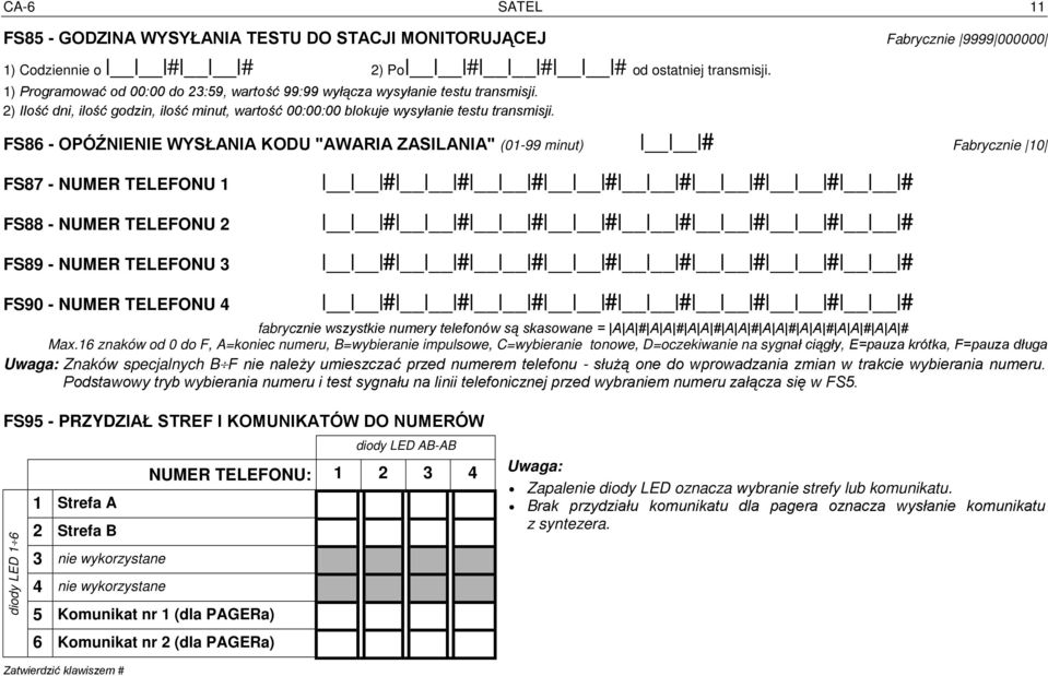 FS86 - OPÓŹNIENIE WYSŁANIA KODU "AWARIA ZASILANIA" (01-99 minut) # Fabrycznie 10 FS87 - NUMER TELEFONU 1 FS88 - NUMER TELEFONU 2 FS89 - NUMER TELEFONU 3 # # # # # # # # # # # # # # # # # # # # # # #