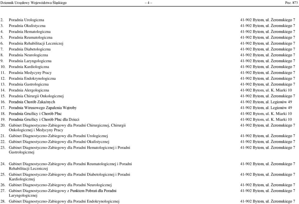 Poradnia Alergologiczna 41-902 Bytom, ul. K. Miarki 10 15. Poradnia Chirurgii Onkologicznej 16. Poradnia Chorób Zakaźnych 41-902 Bytom, al. Legionów 49 17.