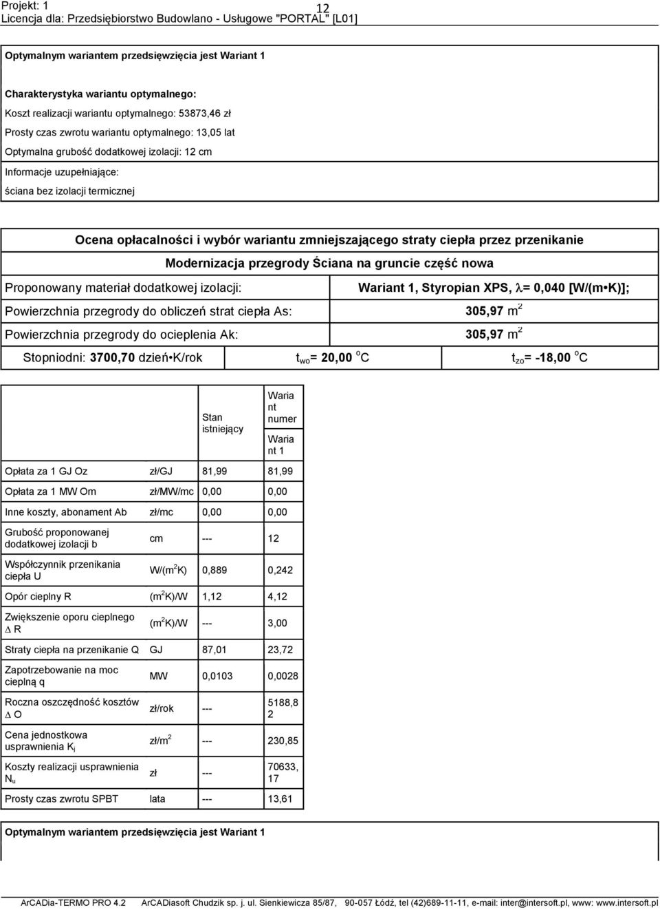 Ściana na gruncie część nowa Proponowany materiał dodatkowej izolacji: nt 1, Styropian XPS, = 0,040 [W/(m K)]; Powierzchnia przegrody do obliczeń strat ciepła As: 305,97 m 2 Powierzchnia przegrody do