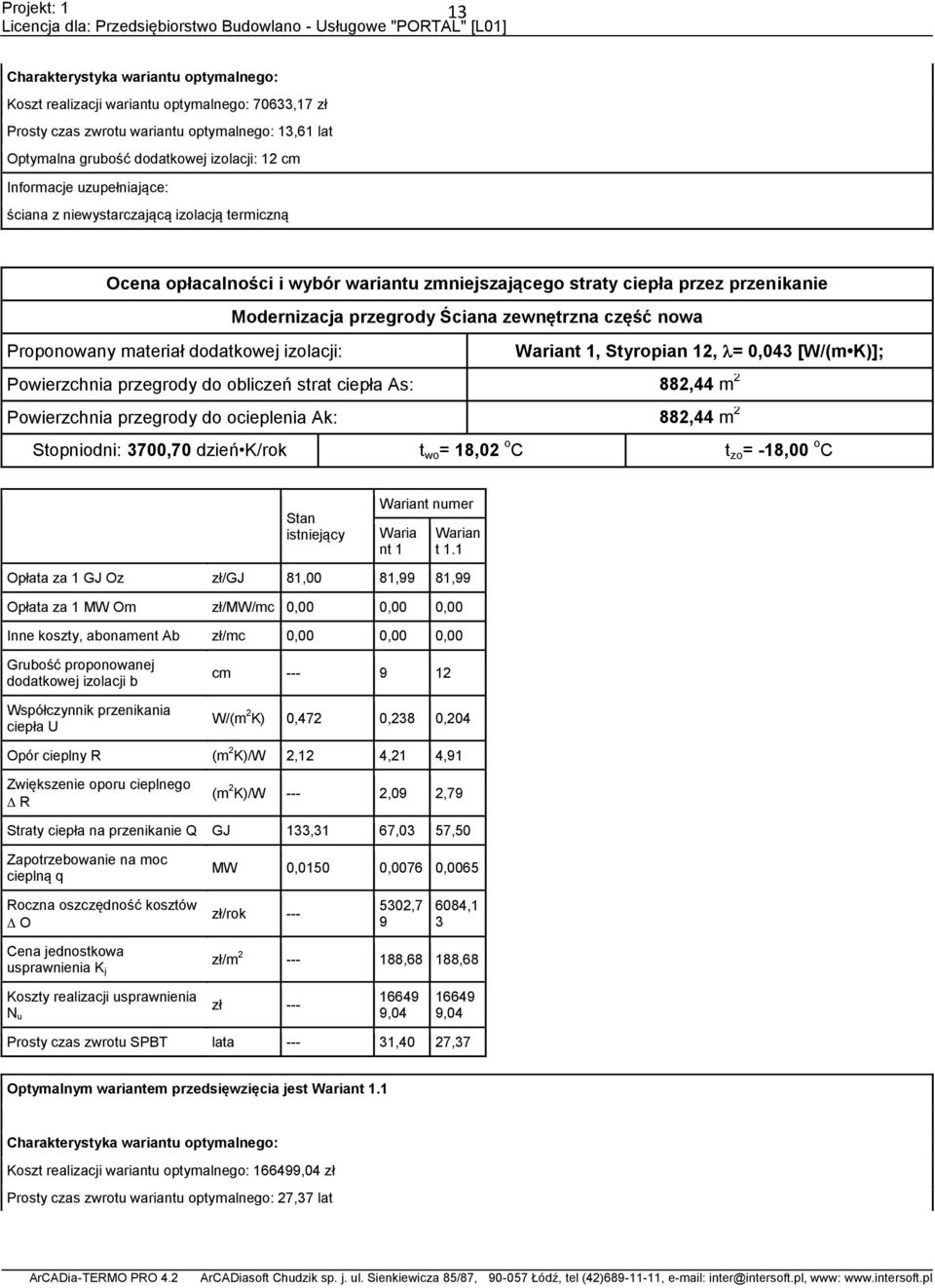 Proponowany materiał dodatkowej izolacji: nt 1, Styropian 12, = 0,043 [W/(m K)]; Powierzchnia przegrody do obliczeń strat ciepła As: 882,44 m 2 Powierzchnia przegrody do ocieplenia Ak: 882,44 m 2