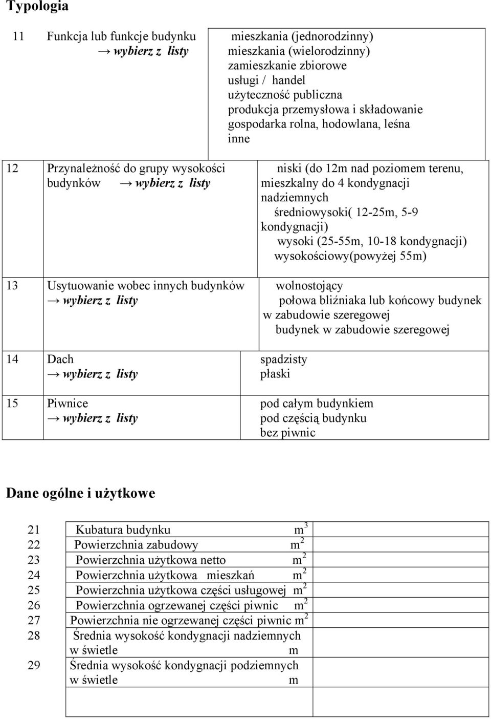 kondygnacji nadziemnych średniowysoki( 12-25m, 5-9 kondygnacji) wysoki (25-55m, 10-18 kondygnacji) wysokościowy(powyżej 55m) wolnosojący połowa bliźniaka lub końcowy budynek w zabudowie szeregowej